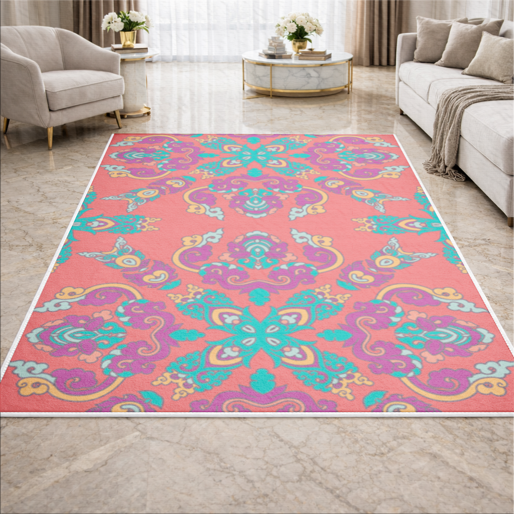 Canlı Kırmızı Zeminli Oryantal Mandala Deseni Salon Halısı