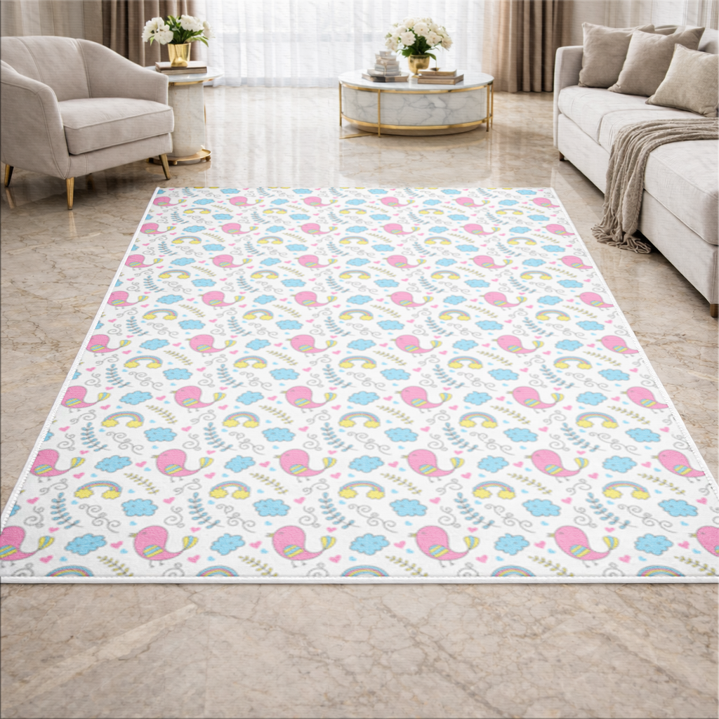 Cute Pink Bird and Rainbow Kids Pattern Living room carpet