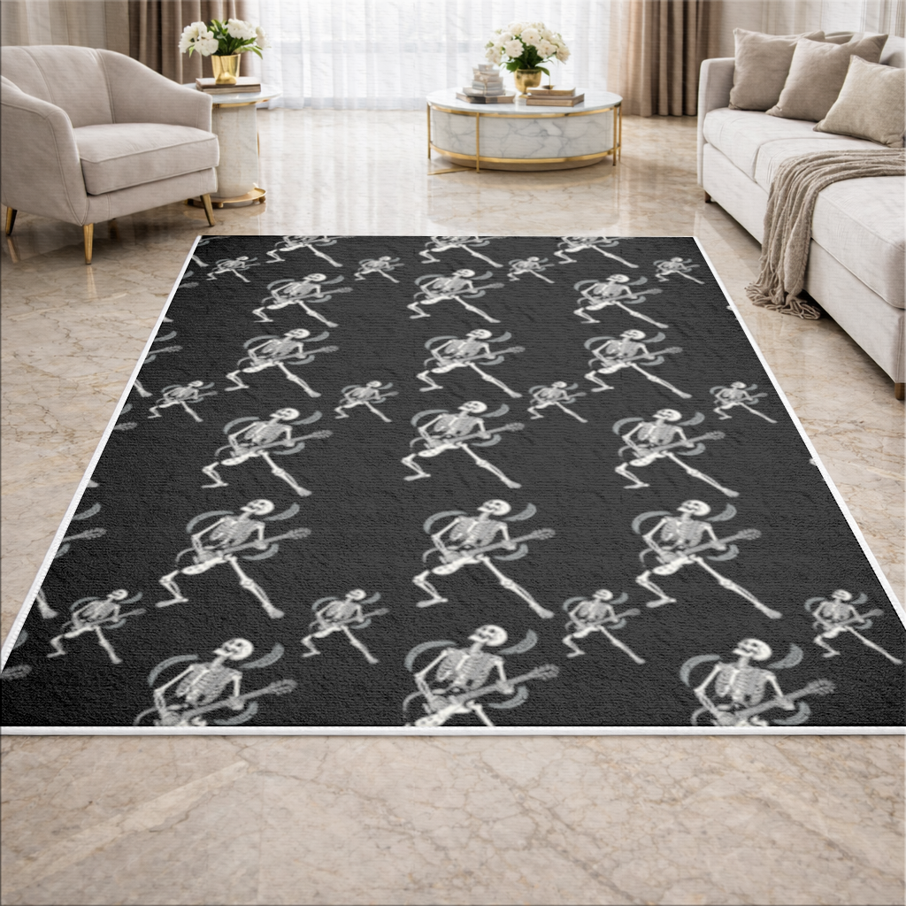 Rock Guitar Playing Skeleton Pattern on Black Living room carpet