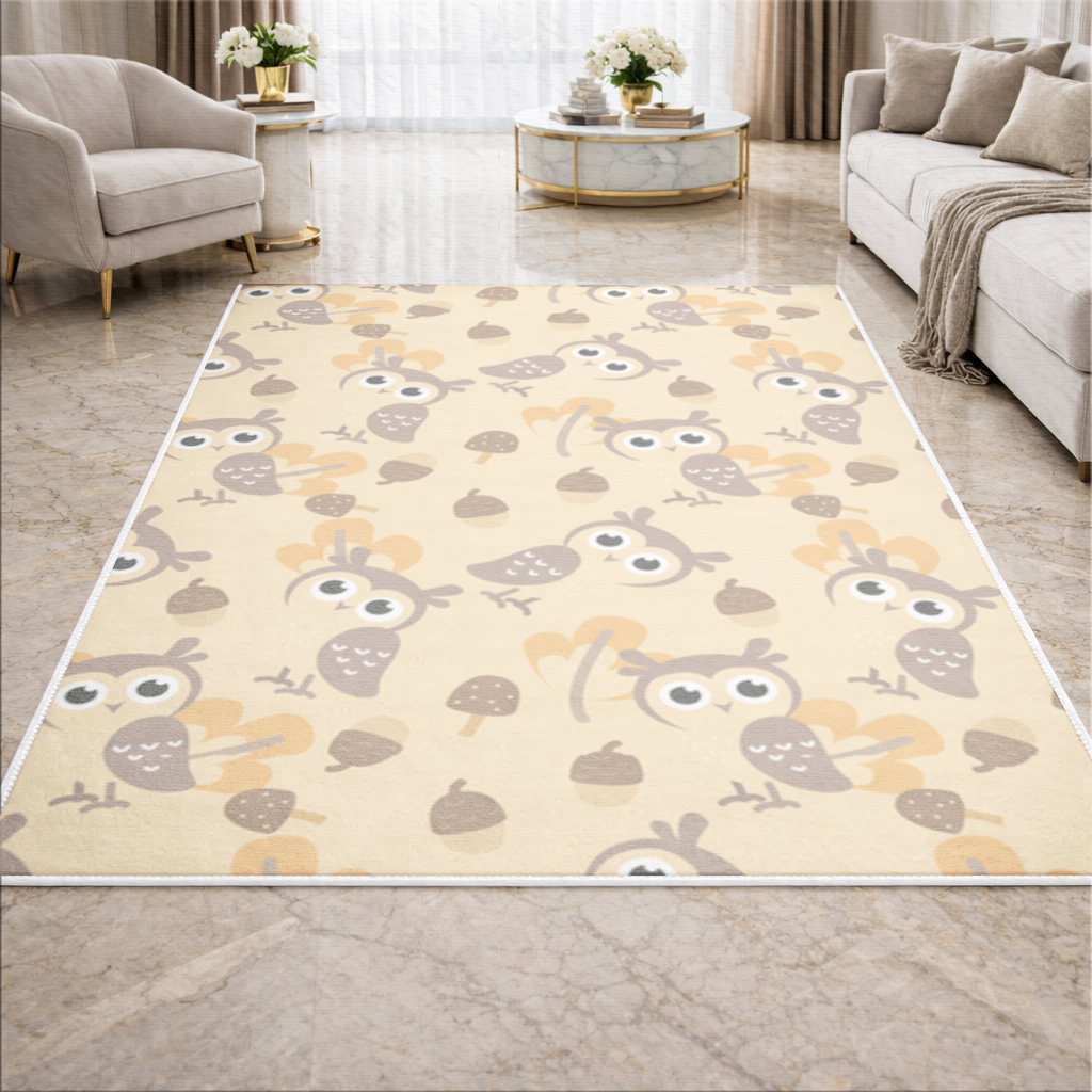 Sevimli Baykuş ve Meşe Palamudu Desenli Sonbahar Teması Salon Halısı