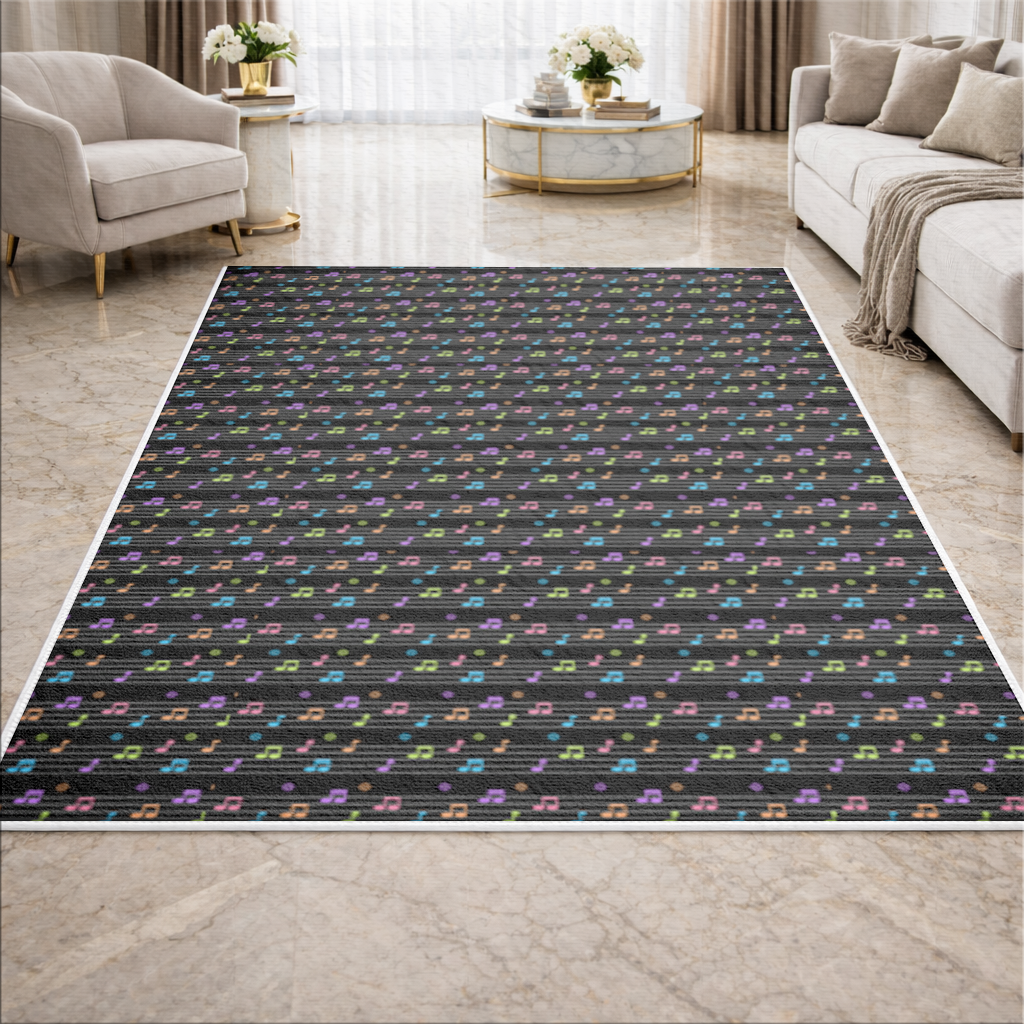 Neon Renkli Müzik Notaları ve Ritim Desenli Modern Tasarım Salon Halısı