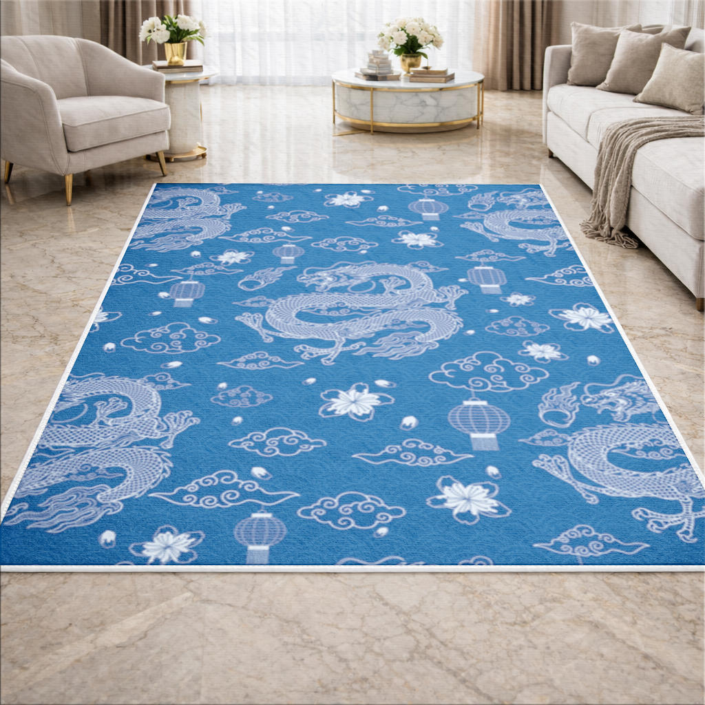 Traditional Dragon Pattern on Blue Background Living room carpet