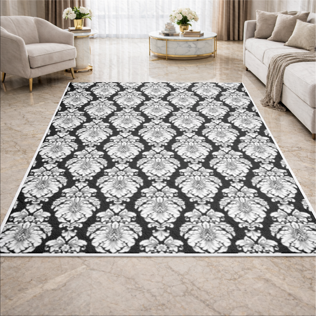 Black and White Baroque Floral Pattern Living room carpet