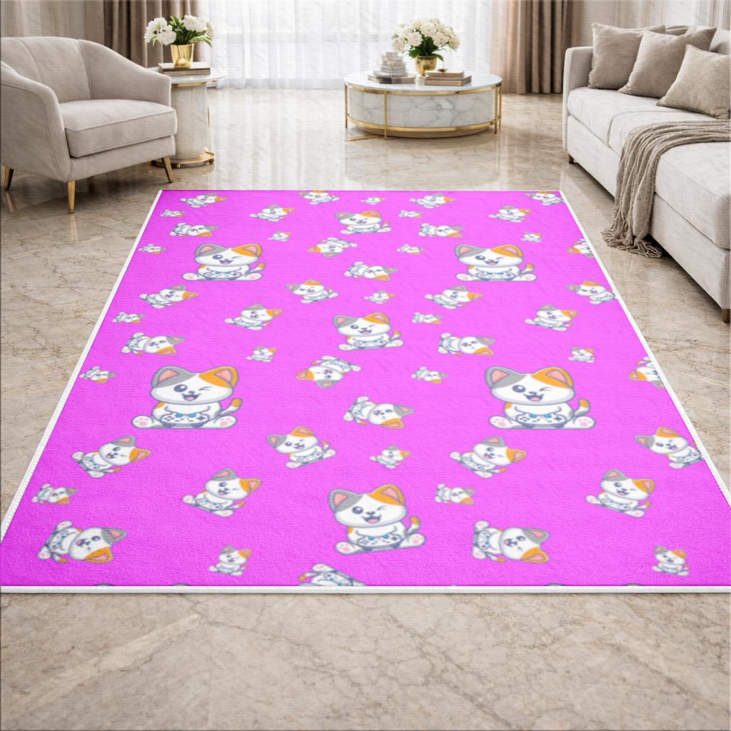 Pembe Zemin Üzerinde Sevimli Çizgi Kedi Deseni Salon Halısı