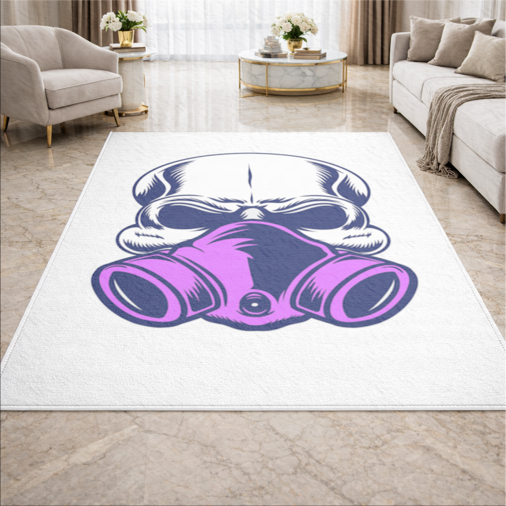 Gaz Maskeli Kafatası İllüstrasyonu Modern ve Sert Tasarım Salon Halısı