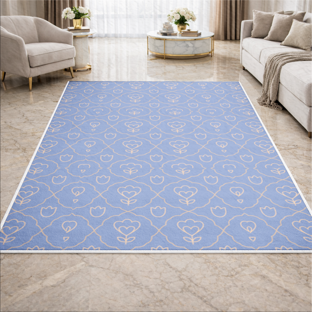Orange Linear Floral Pattern on Blue Living room carpet