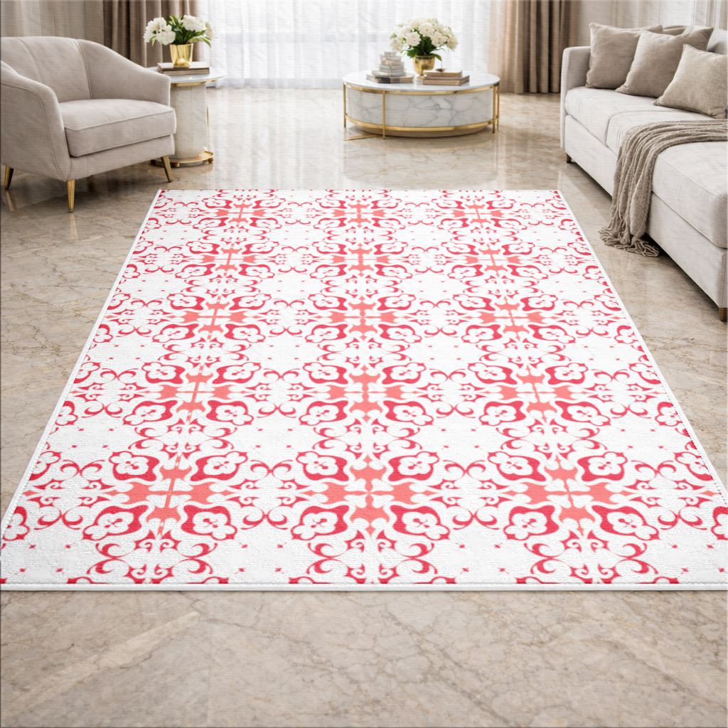 Red and White Traditional Tile Style Pattern Living room carpet