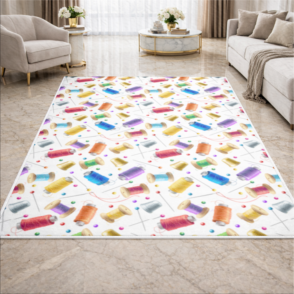 Colorful Thread Spools and Sewing Tools Pattern Living room carpet
