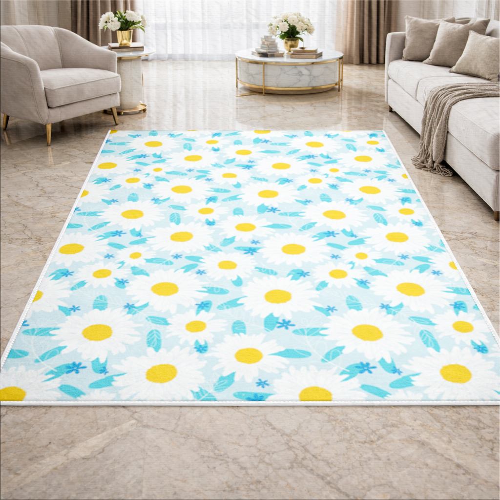 Daisy Garden and Turquoise Leaves Pattern Living room carpet