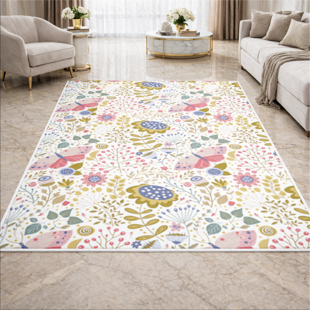 Folk Art Floral and Butterfly Pattern Living room carpet