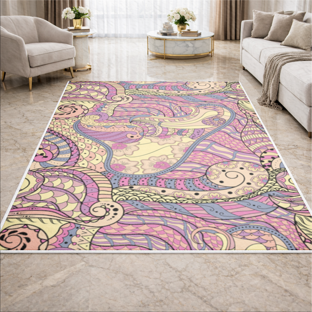 Psychedelic Zentangle Çiçek Salon Halısı