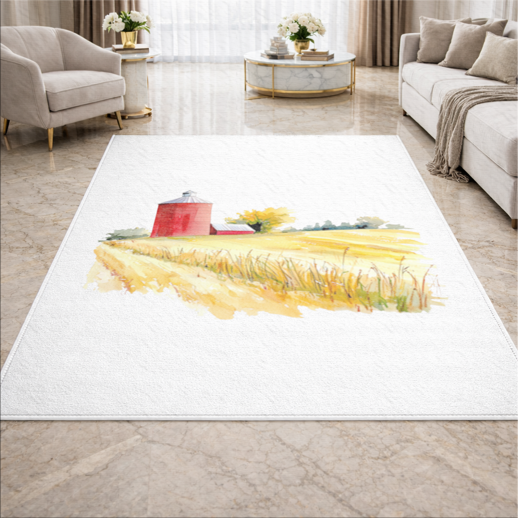 Red Farm Silo and Golden Wheat Field Living room carpet