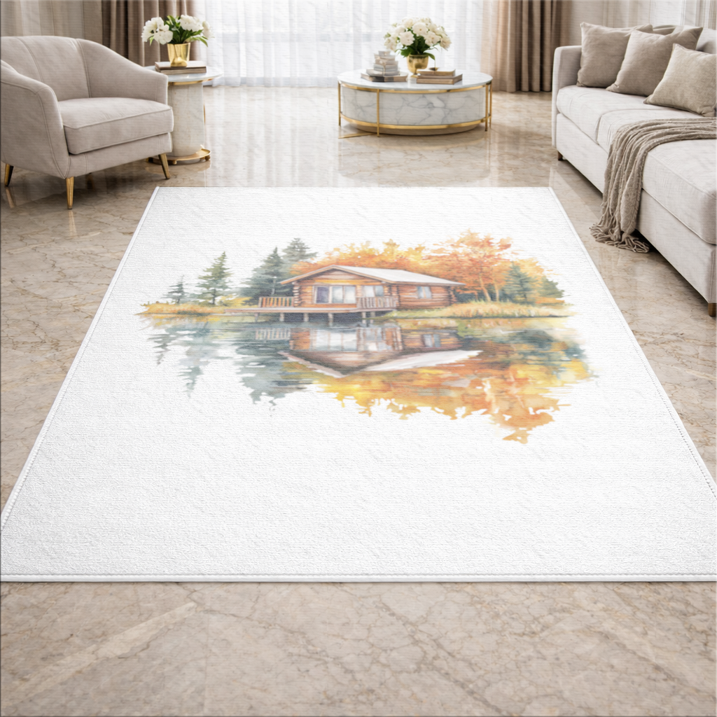 Lakeside Log Cabin Autumn Landscape Living room carpet