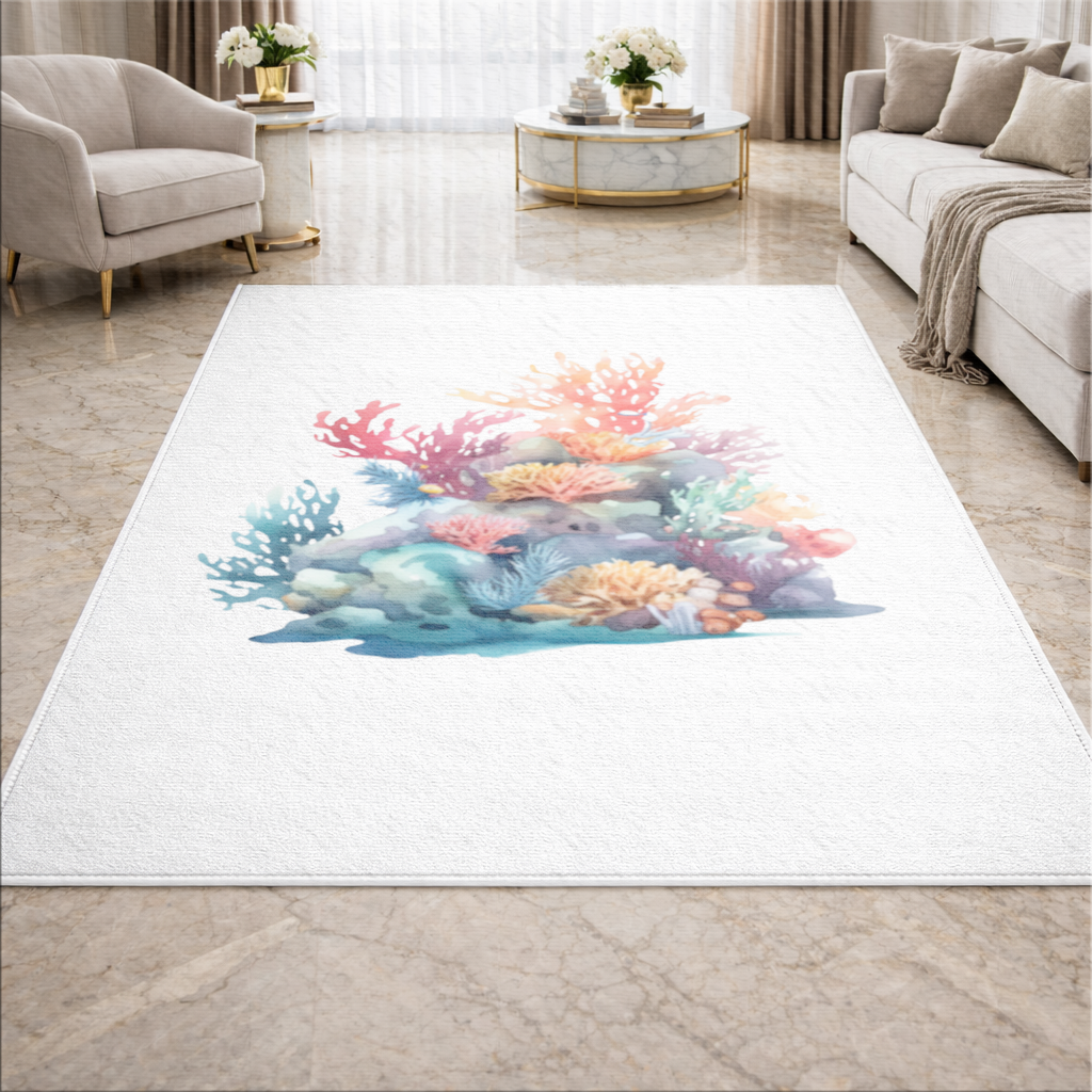 Vibrant Watercolor Coral Reef Scene Living room carpet