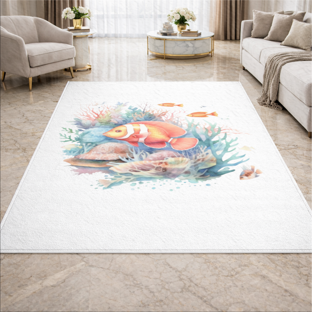 Watercolor Clownfish and Tropical Coral Reef Living room carpet
