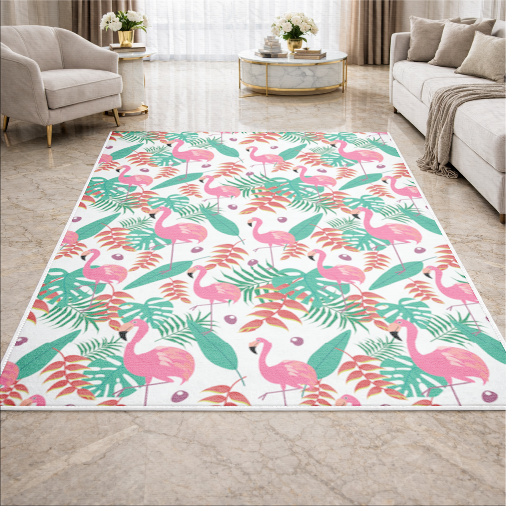 Pembe Flamingo Tropikal Yapraklar Salon Halısı