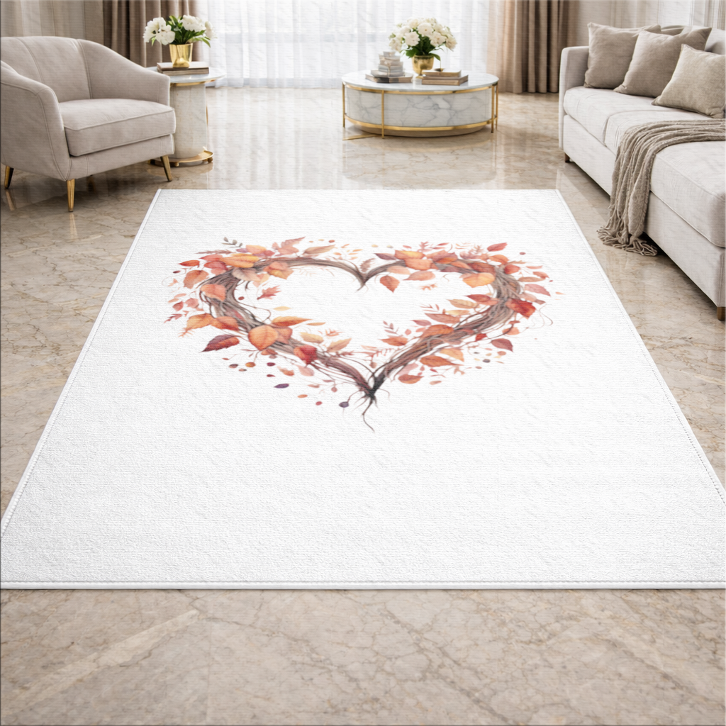 Sonbahar Yapraklarından Kalp Çelenk Salon Halısı