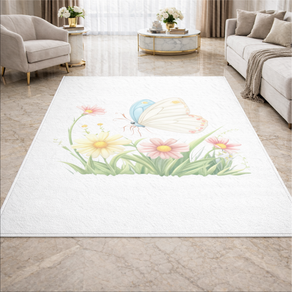 Pastel Kelebek ve Kır Çiçekleri Bahçesi Salon Halısı