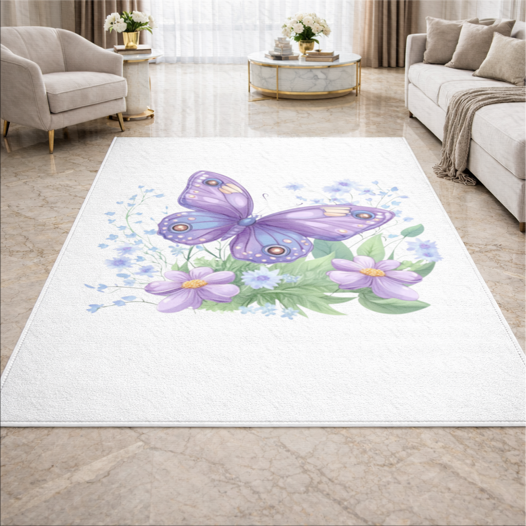 Mor Kelebek ve Mavi Kır Çiçekleri Salon Halısı