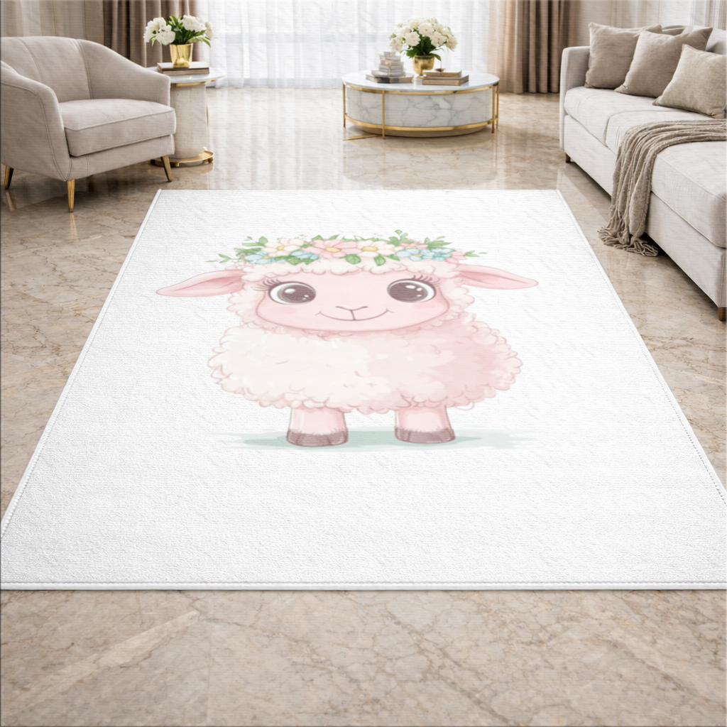 Kawaii Çiçek Taçlı Pembe Kuzu Salon Halısı