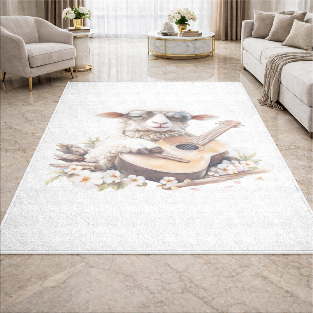 Ukulele Çalan Havalı Gözlüklü Koyun Salon Halısı