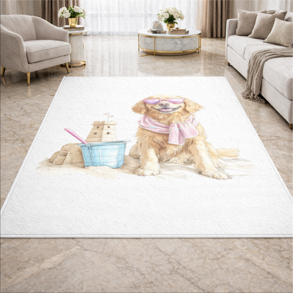 Plajda Pembe Gözlüklü Golden Retriever Salon Halısı