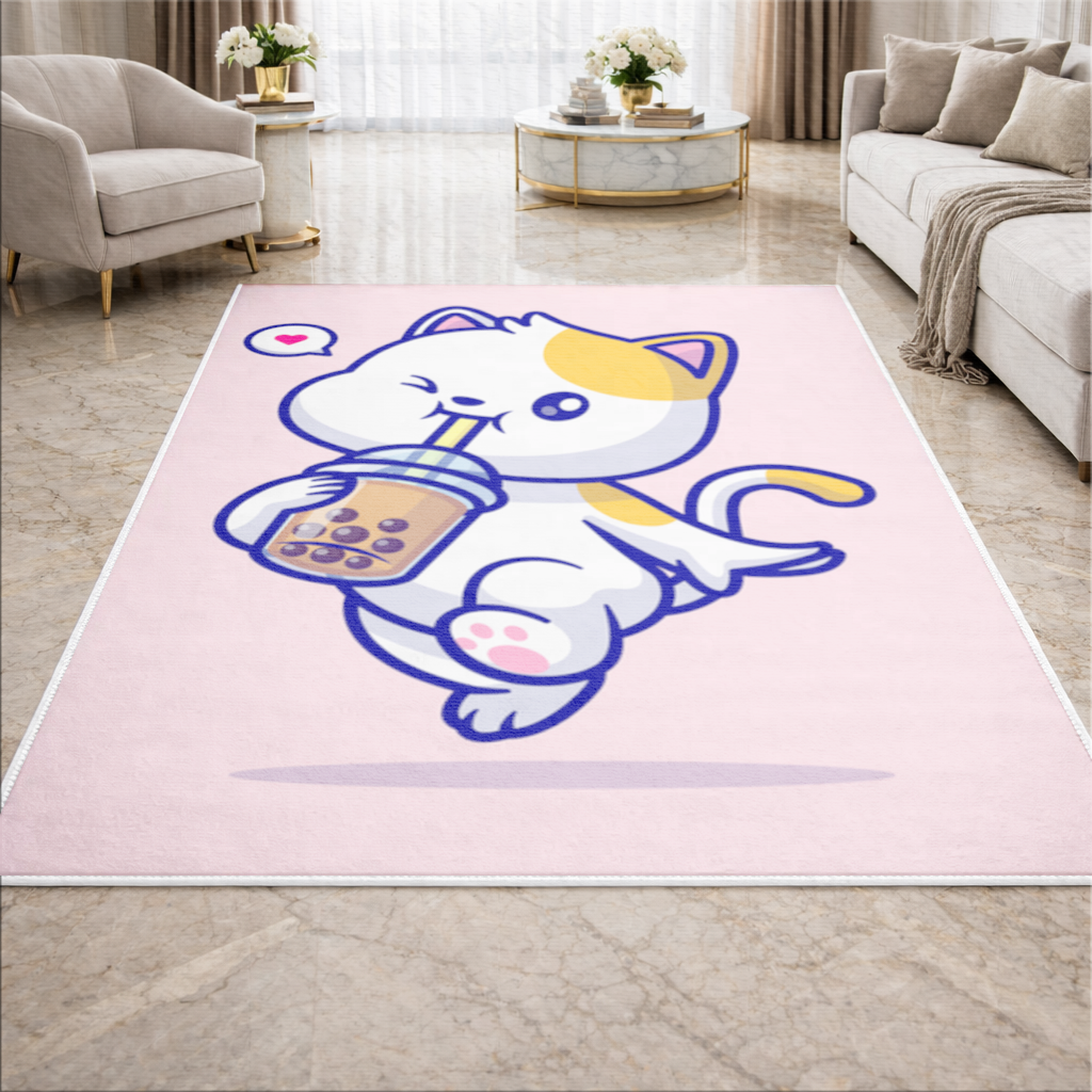 Kawaii Cat Drinking Boba Tea Living room carpet