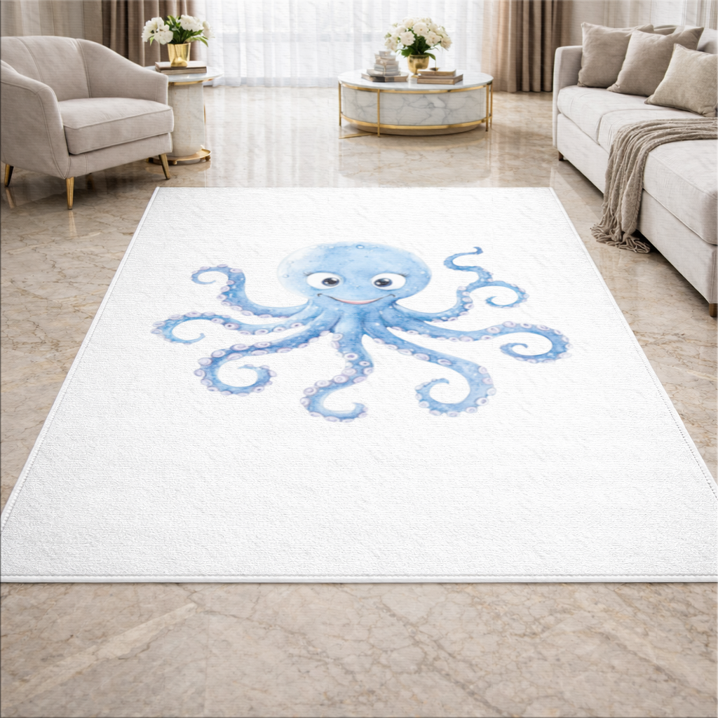 Sevimli Mavi Suluboya Ahtapot Salon Halısı