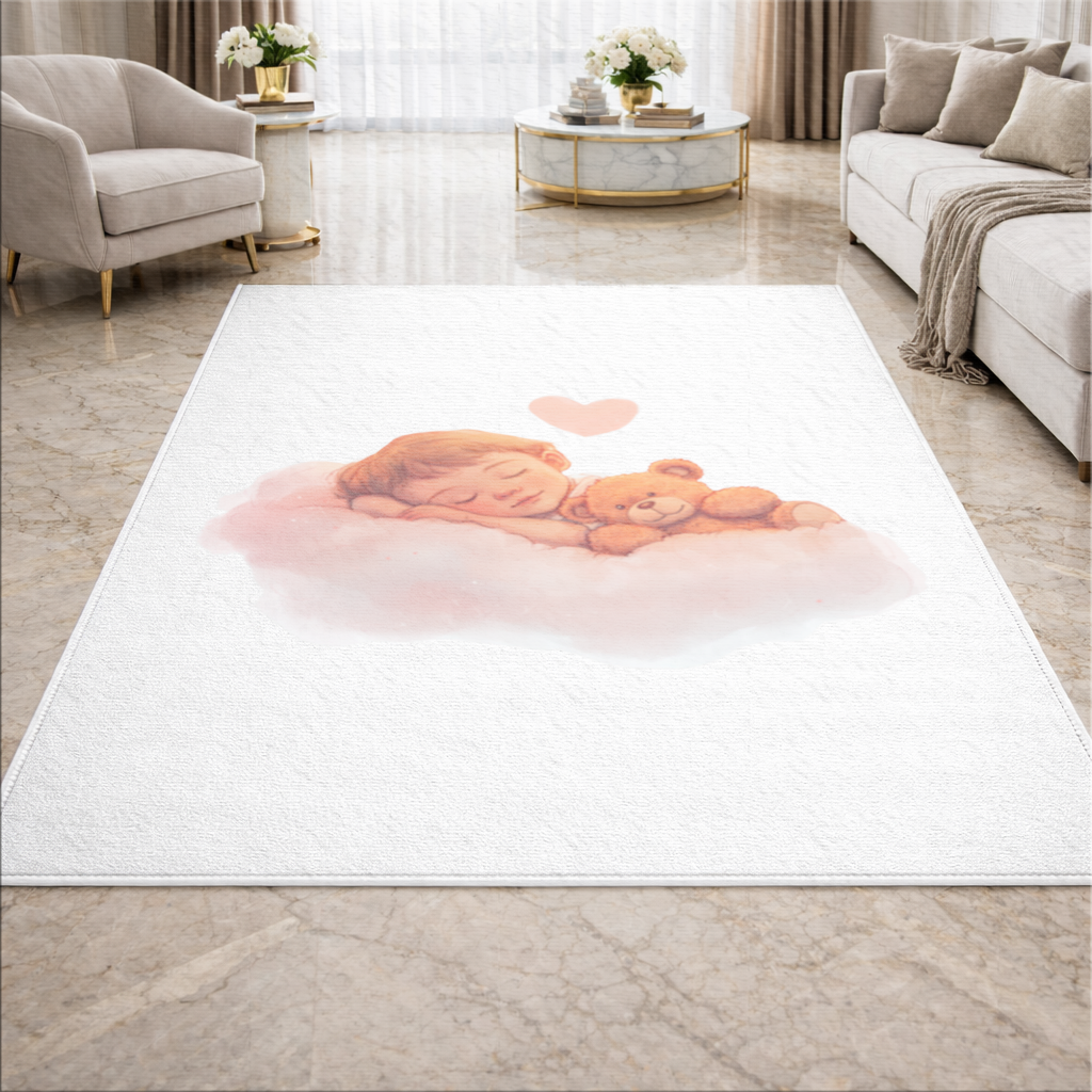 Bulut Üstünde Uyuyan Bebek ve Ayıcık Salon Halısı