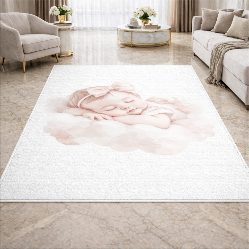 Pembe Kurdeleli Uyuyan Kız Bebek Salon Halısı