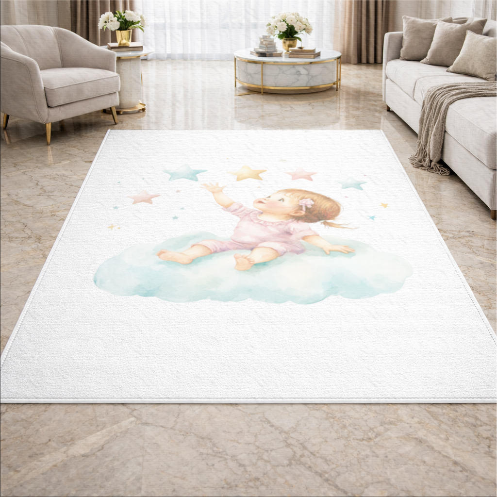 Bulut Üzerinde Yıldızlara Ulaşan Bebek Salon Halısı
