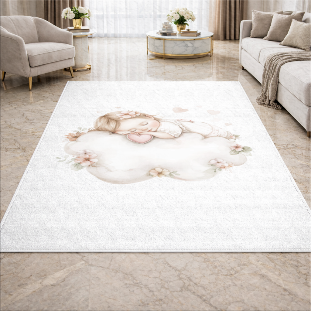 Sleeping Baby Girl on Floral Cloud Living room carpet