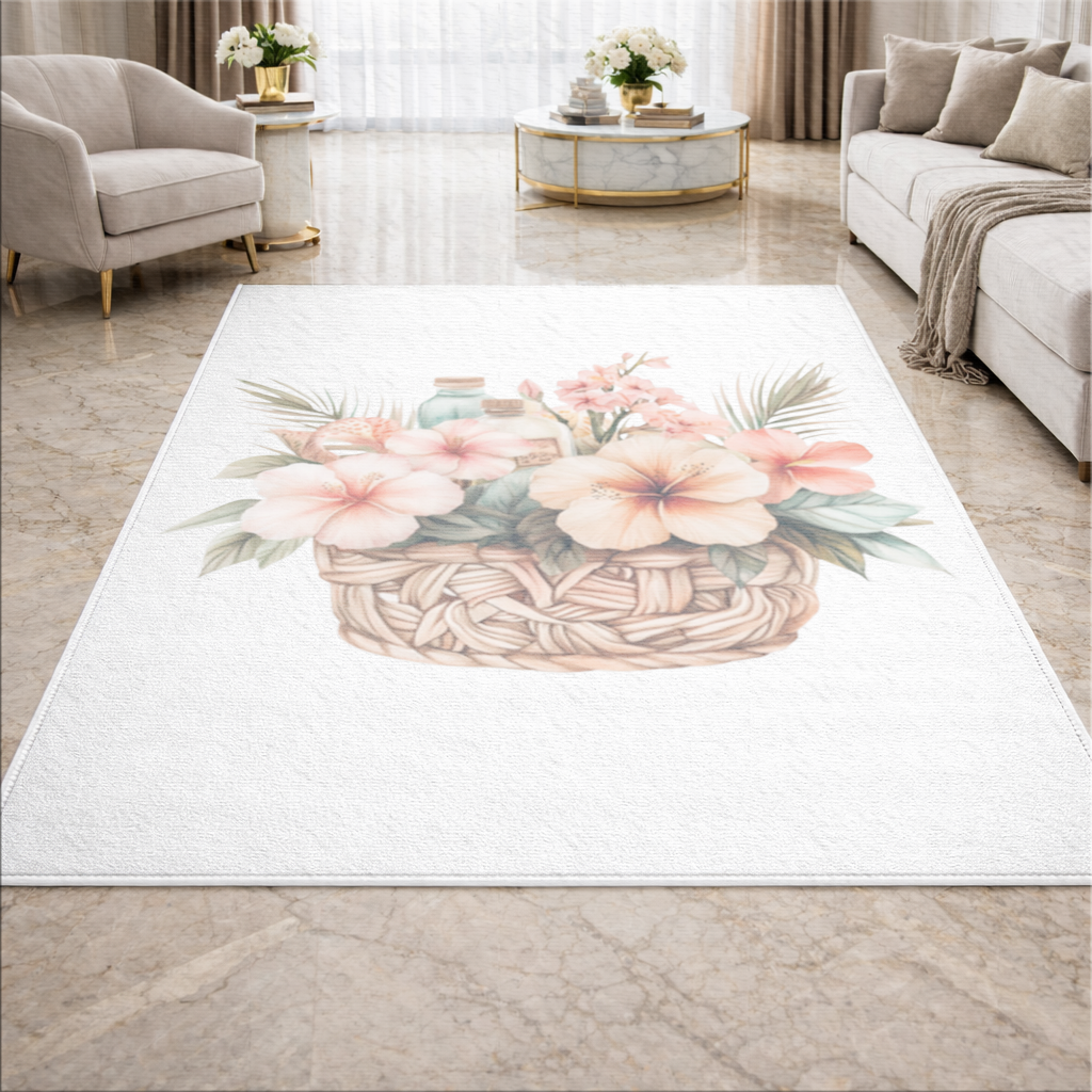 Tropikal Hibiskus Çiçekli Hasır Sepet Salon Halısı