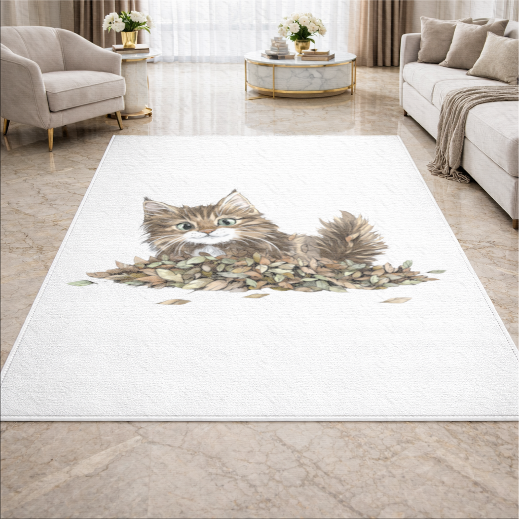 Yapraklar Arasında Sevimli Yavru Kedi Salon Halısı