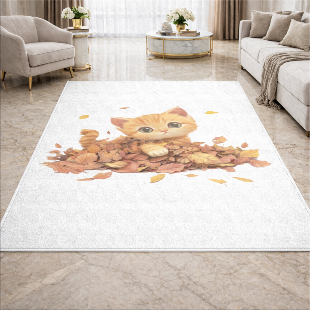 Sonbahar Yapraklarında Turuncu Yavru Kedi Salon Halısı