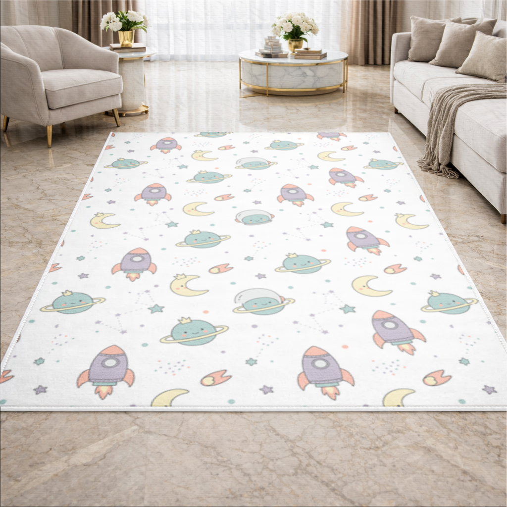 Sevimli Uzay Roket Deseni Salon Halısı