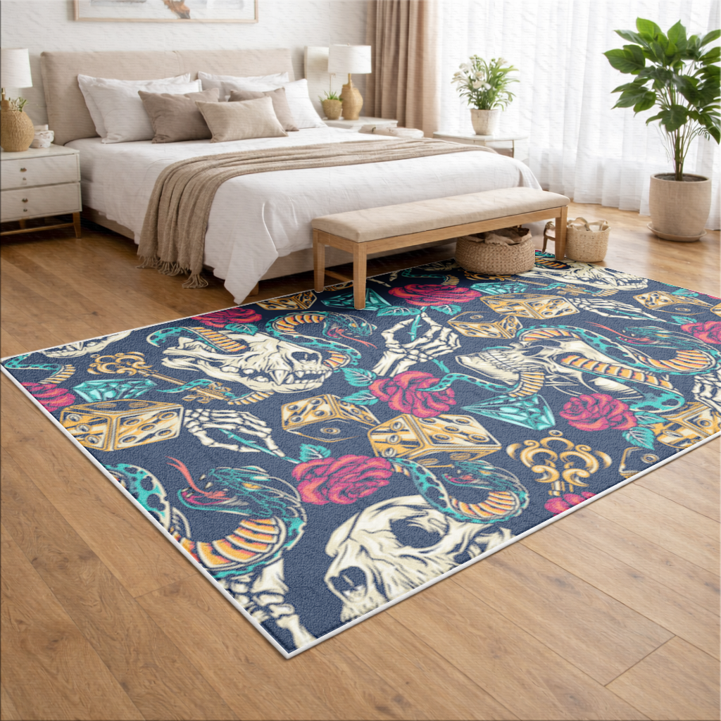 Skull Snake Dice and Roses Pattern Living room carpet