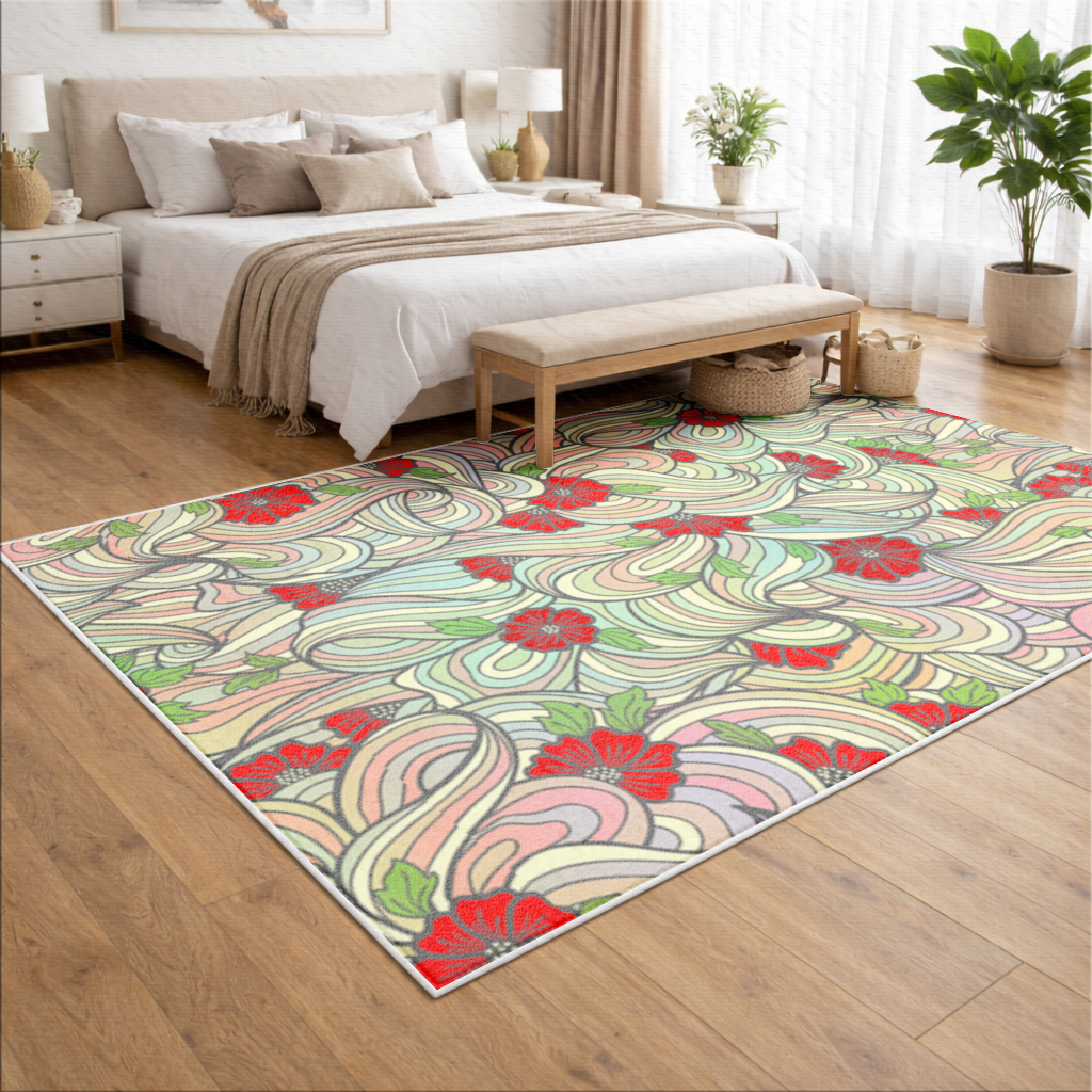 Çiçekli Retro Dalgalı Desen Salon Halısı