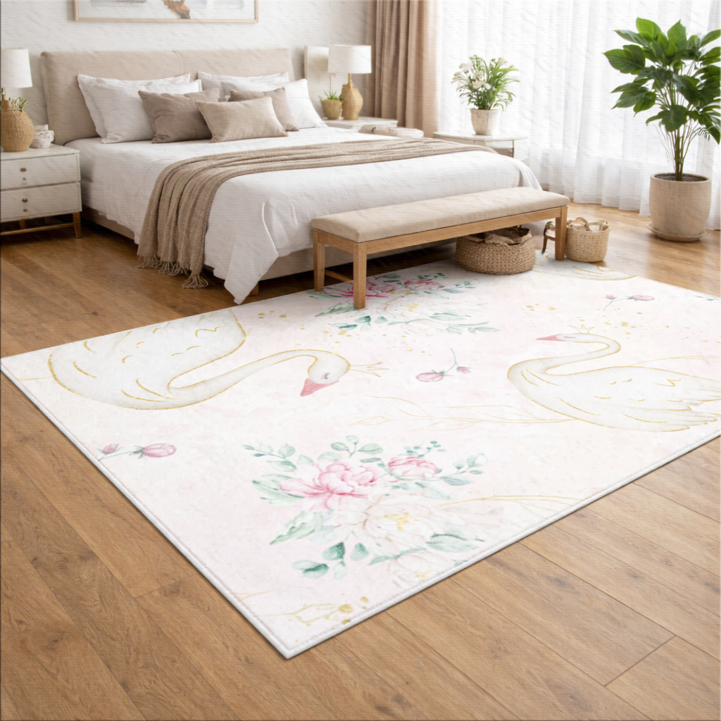 Pastel Watercolor Swan Floral Pattern Living room carpet
