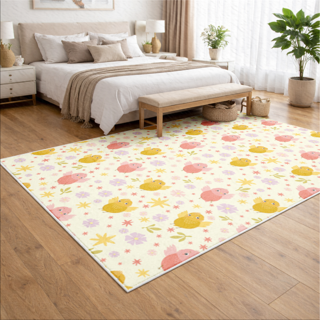 Cute Birds and Floral Pastel Spring Pattern Illustration Living room carpet