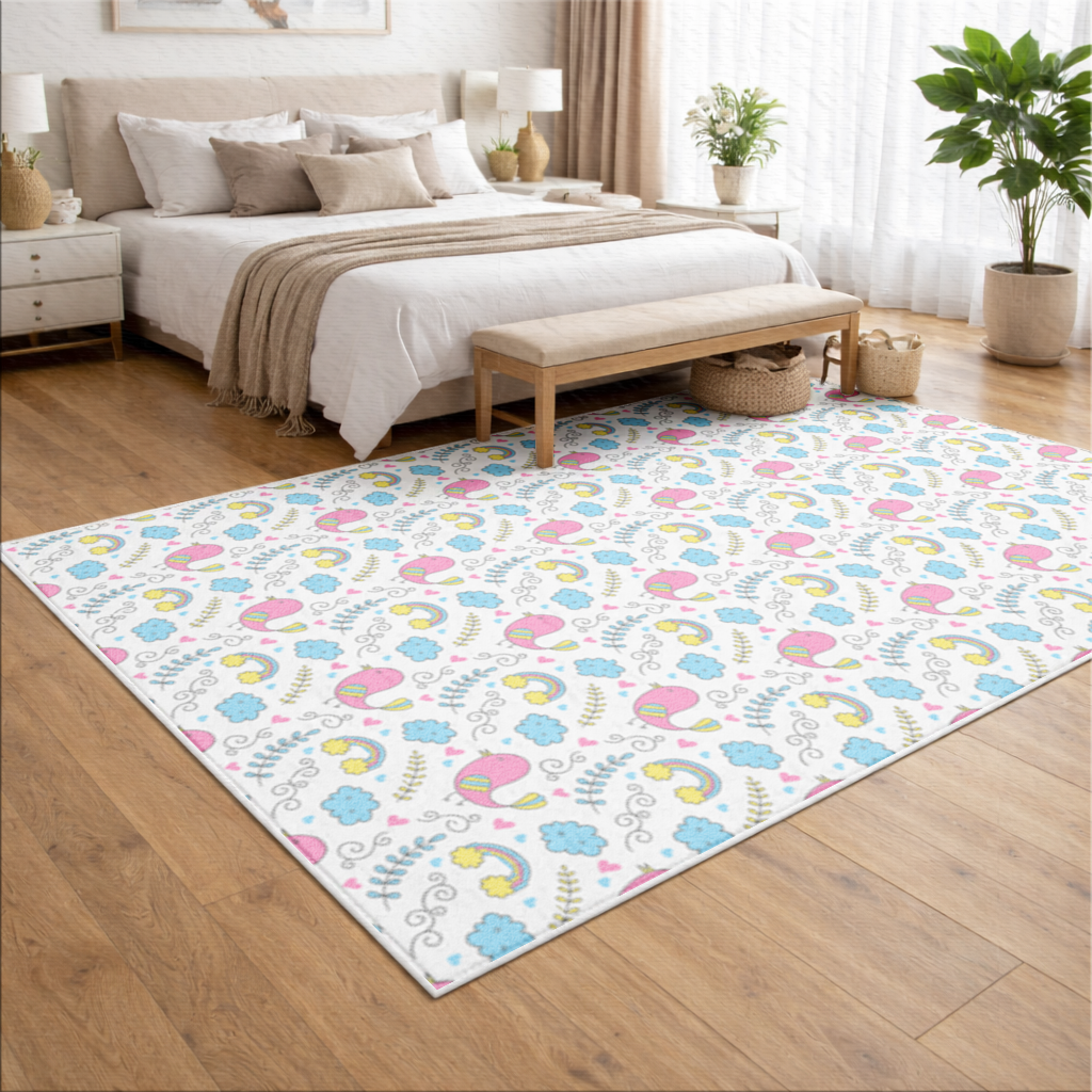Cute Pink Bird and Rainbow Kids Pattern Living room carpet
