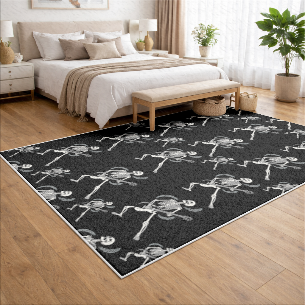 Rock Guitar Playing Skeleton Pattern on Black Living room carpet