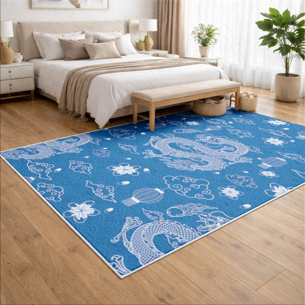 Traditional Dragon Pattern on Blue Background Living room carpet