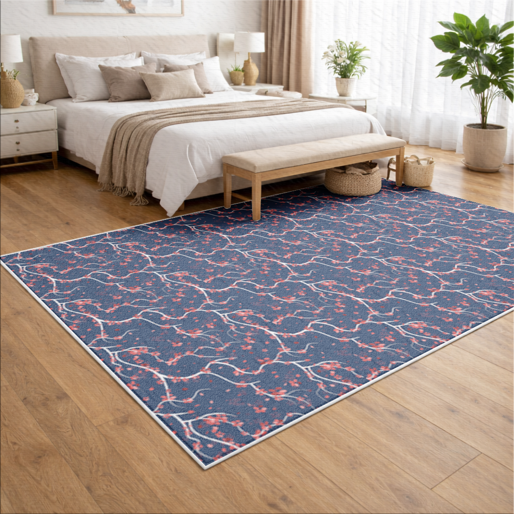 Red Floral Branch Pattern on Navy Background Living room carpet