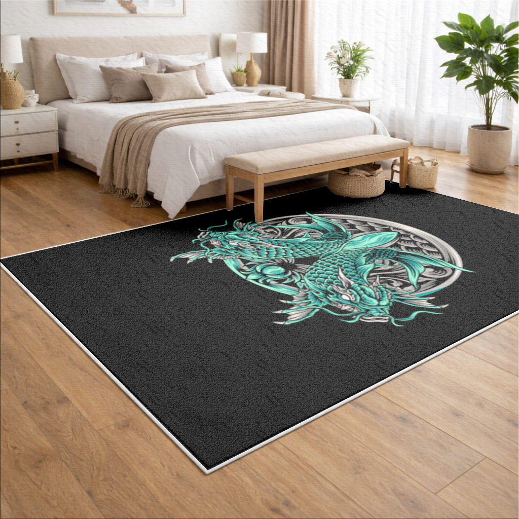Turkuaz Çift Ejderha Amblem Tasarımı Salon Halısı