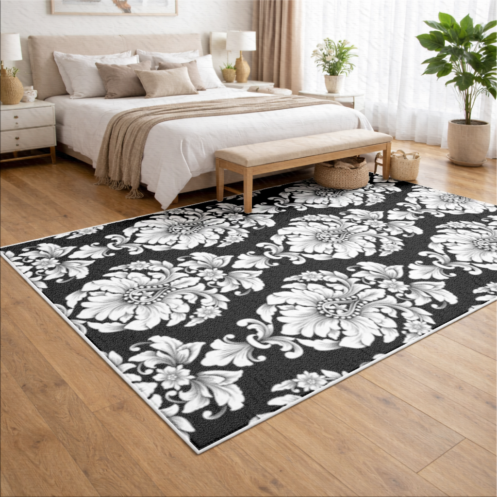 Black and White Baroque Floral Pattern Living room carpet