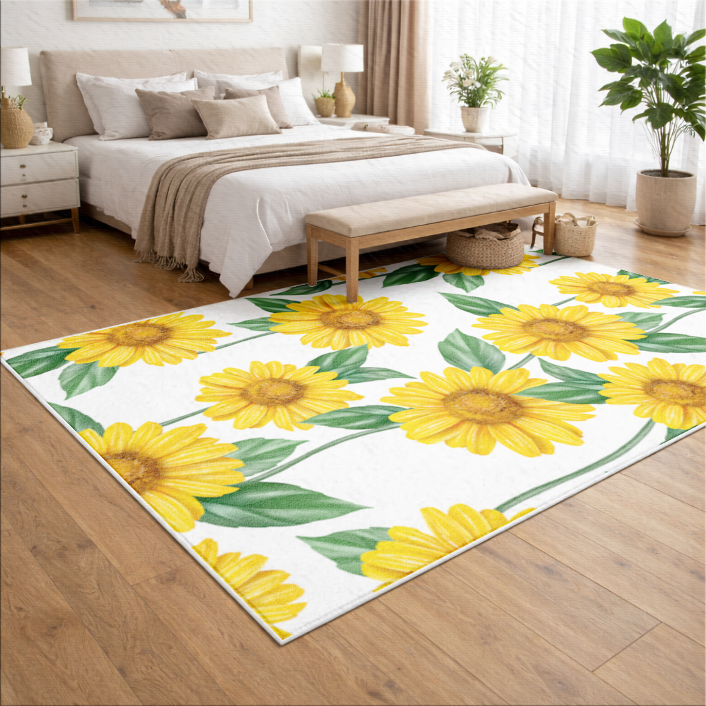 Vibrant Yellow Sunflower and Green Leaf Pattern Illustration Living room carpet