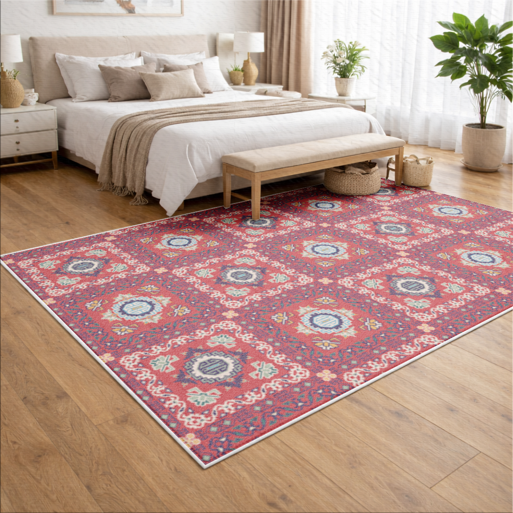 Geleneksel Kilim Motifli Kırmızı Etnik Geometrik Desen Salon Halısı