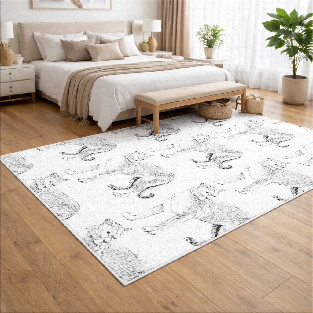 Black and White Wild Cat Sketch Illustration Living room carpet