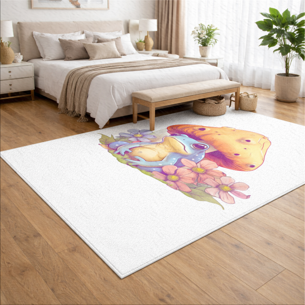 Mavi Kurbağa ve Turuncu Mantar Altında Huzur Salon Halısı
